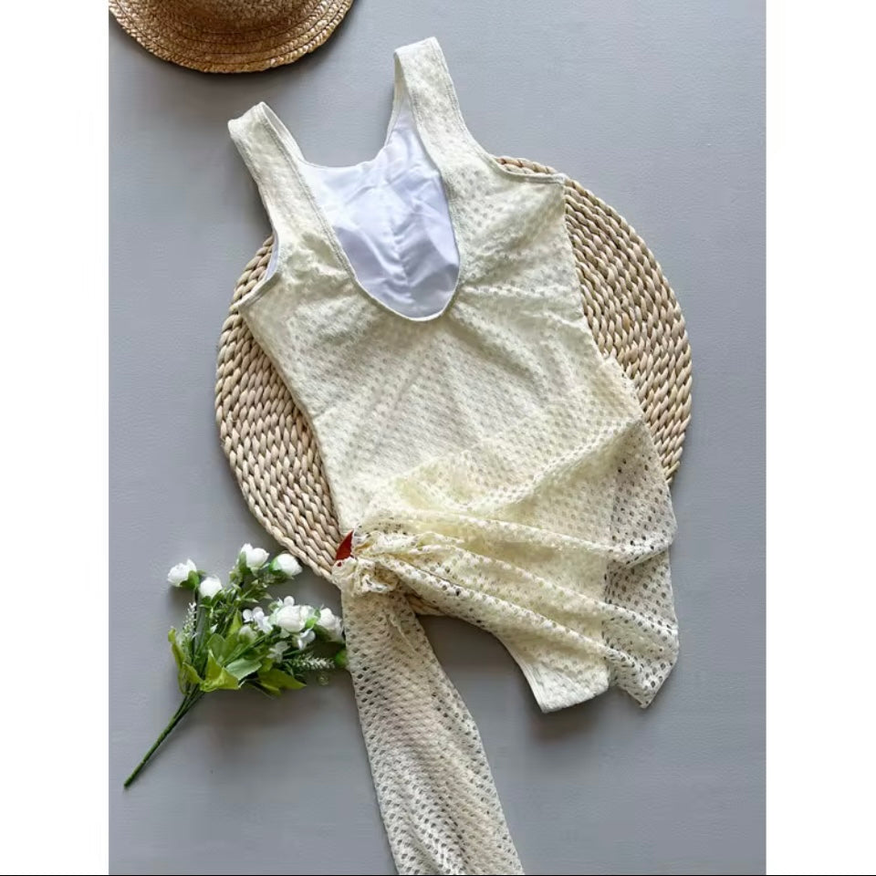 Sexy Beige Women’s Beach Club Swimsuit With Mini Skirt Set High Leg Monokini