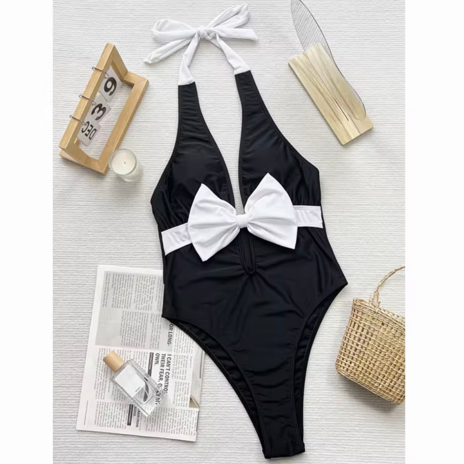 Women’s Big Cute Bow Tie Front Deep V Neck Plunge Monokini Beachwear Backless Pad Sexy Lady High
Leg One Piece Swimsuit