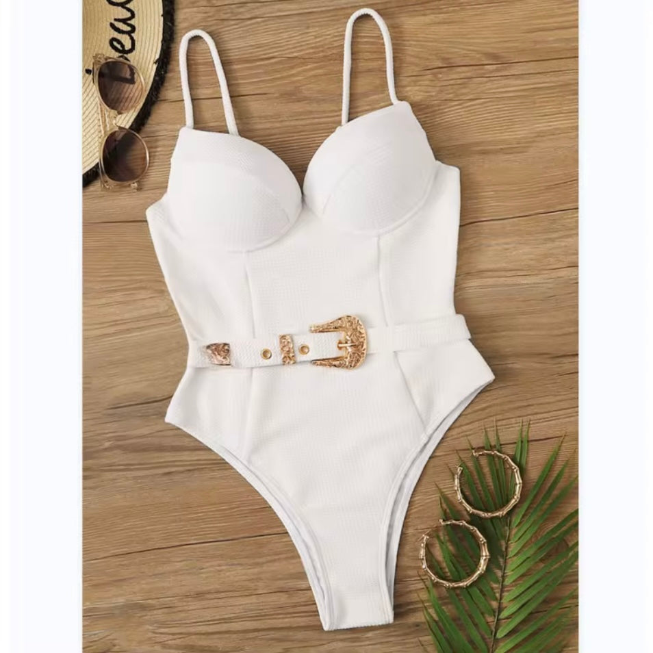 Sexy Women’s Cute Belt Style High Leg Pluge Effect Swimsuit