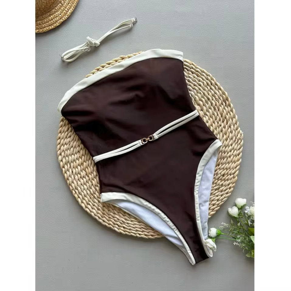 High Leg Women’s Swimsuit Brown Removeable Strap