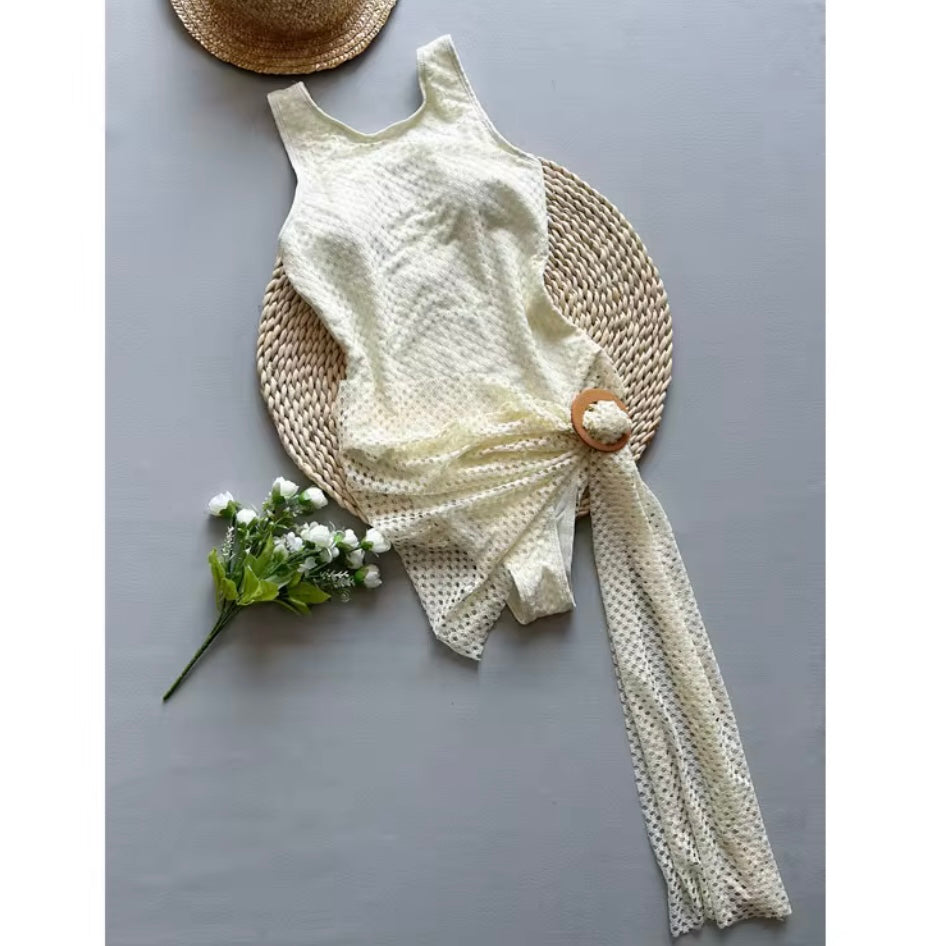Sexy Beige Women’s Beach Club Swimsuit With Mini Skirt Set High Leg Monokini