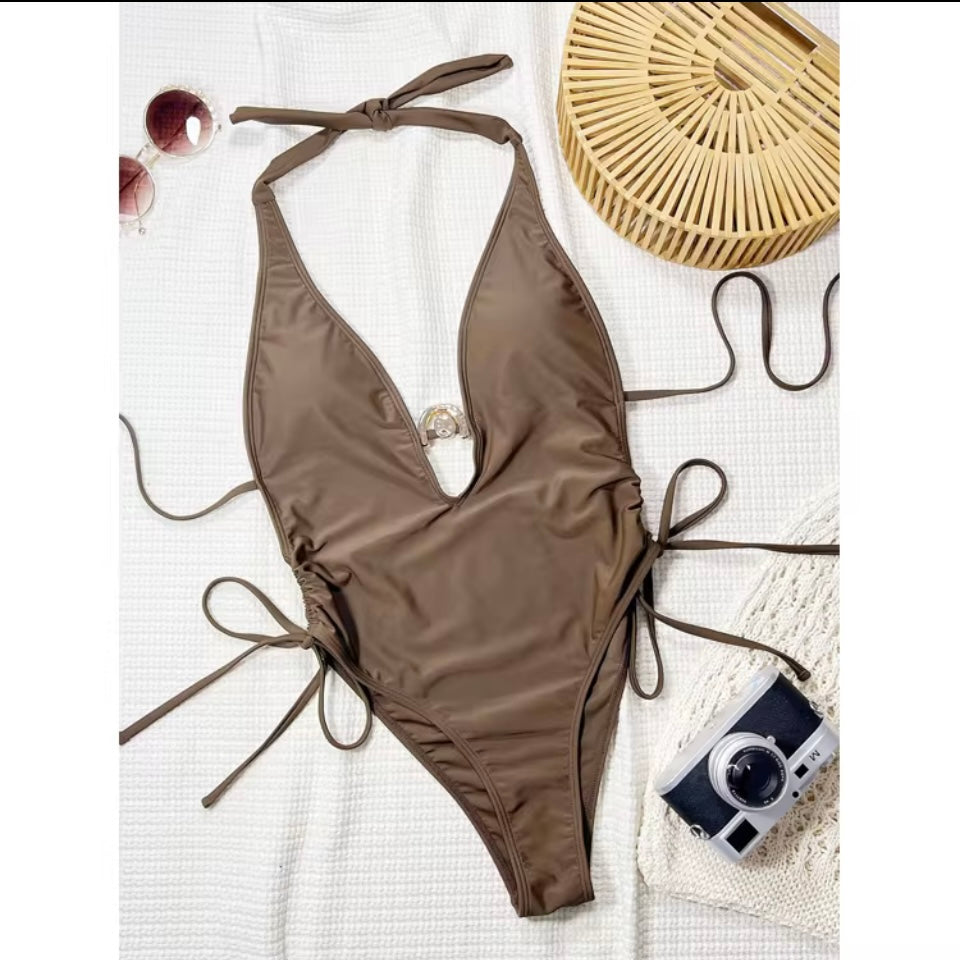 Women’s Solid Color Tie up V-neck Plunge Monokini High Leg One Piece Hollow Swimsuit for Women